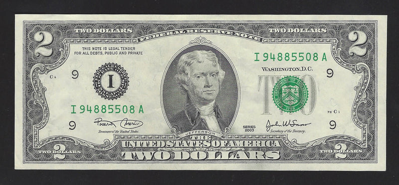 2003 USA $2 Two Dollar Bill Series (I) Green Seal Number I94885508A (EF)