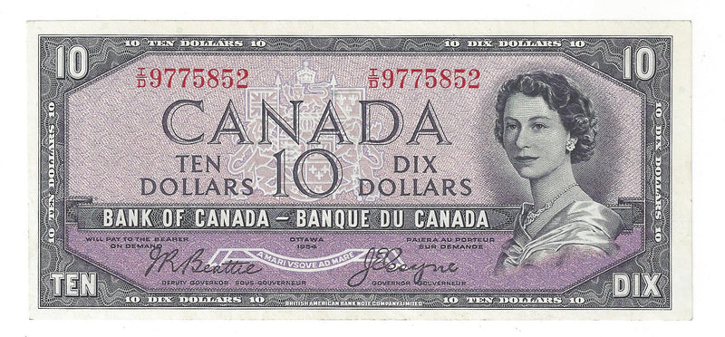 1954 Canada $10 Banknote Beattie-Coyne,Devil's Face I/D, BC-32b (EF45)