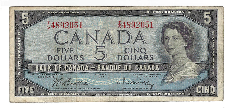 1954 Canada $5 Banknote Beattie-Rasminsky, I/S, BC-39b (F)