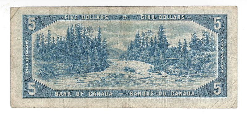 1954 Canada $5 Banknote Beattie-Rasminsky, I/S, BC-39b (F)