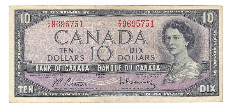 1954 Canada $10 Banknote Beattie-Rasminsky, I/V, BC-40b (VF)
