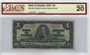 1937 Canada $1 Banknote Gordon-Towers Narrow Panel J/A, BC-21b BCS Certified VF-20