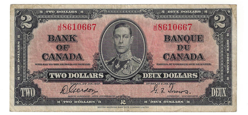 1937 $2 Bank of Canada Note Gordon-Towers Prefix J/B8610667 BC-22b (VF)