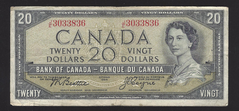 1954 $20 Bank of Canada Note Beattie-Coyne J/E3033836 Prefix BC-41a (Fine)