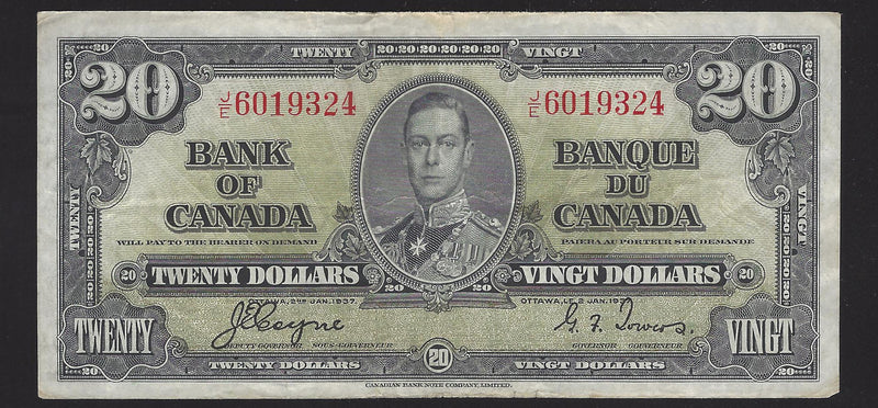 1937 $20 Bank of Canada Note Coyne-Towers Prefix J/E6019324 BC-25c (Fine)