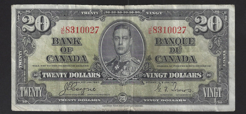 1937 $20 Bank of Canada Note Coyne-Towers Prefix K/E0278419 BC-25c (VF)