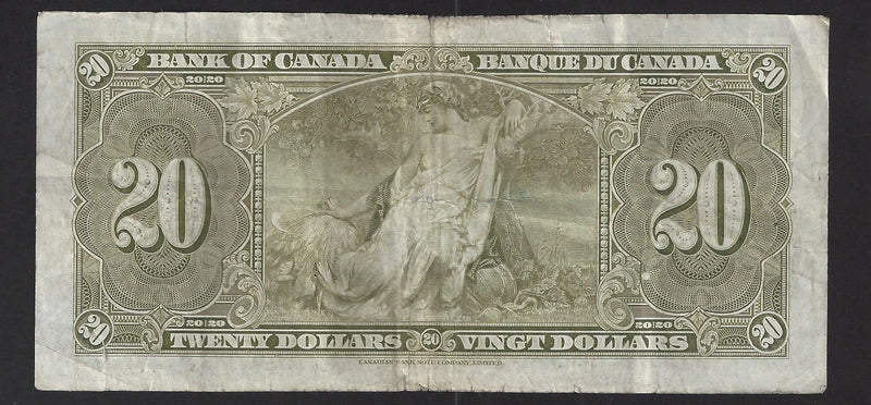 1937 $20 Bank of Canada Note Coyne-Towers Prefix K/E0278419 BC-25c (VF)