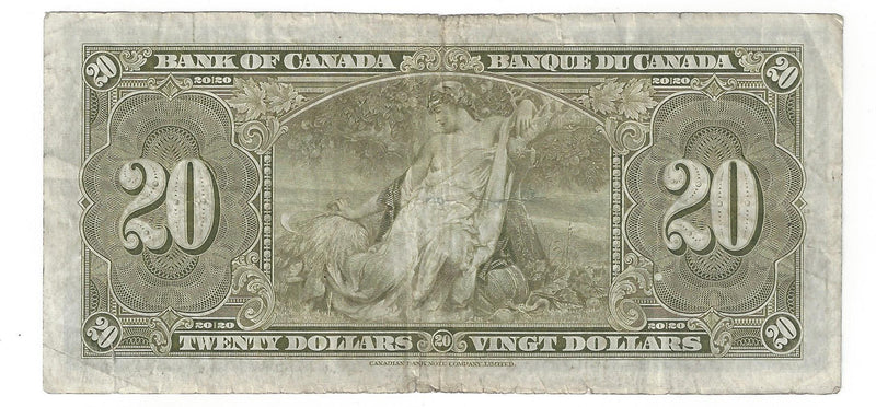 1937 Canada $20 Banknote Coyne-Towers, J/E, BC-25c (F)