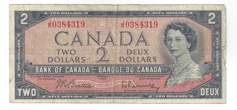 1954 Canada $2 Banknote Beattie-Rasminsky, J/R, BC-38b (F)