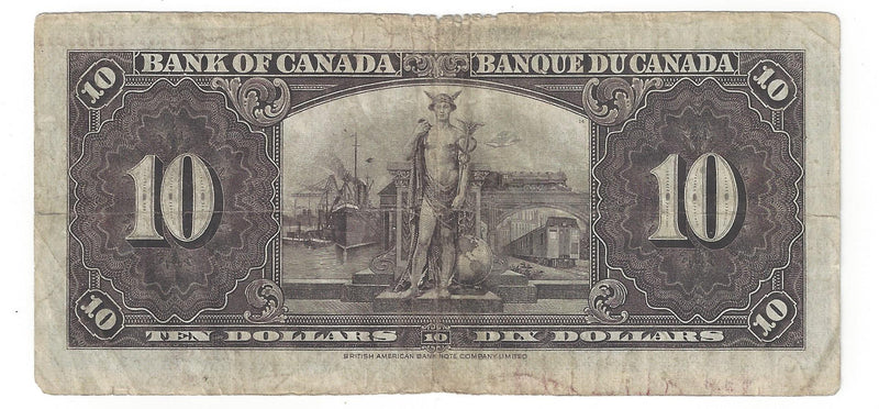 1937 $10 Bank of Canada Note Coyne-Towers, J/T, BC-24c (VG)