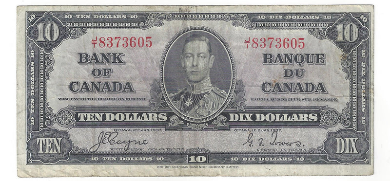1937 $10 Bank of Canada Note Coyne-Towers Prefix J/T8373605 BC-24c (F)
