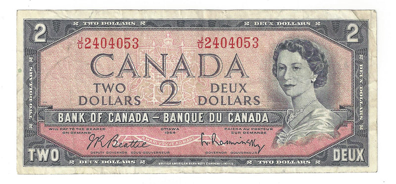 1954 Canada $2 Banknote Beattie-Rasminsky, J/U, BC-38b (F)