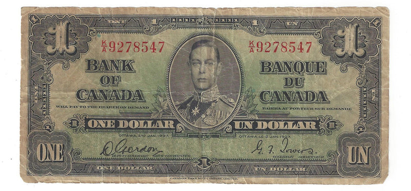 1937 Canada $1 Banknote Gordon-Towers (WP), K/A, BC-21c (VG)
