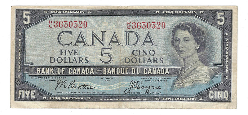 1954 Canada $5 Banknote Beattie-Coyne, K/C, BC-39a-i (F/VF)