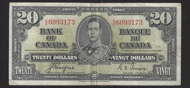 1937 $20 Bank of Canada Note Coyne-Towers Prefix K/E6093173 BC-25c (VF)