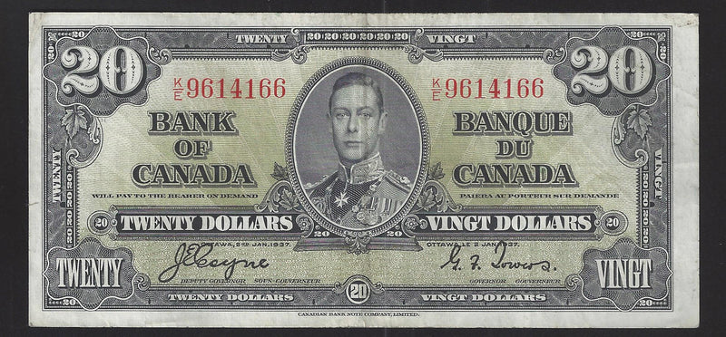 1937 $20 Bank of Canada Note Coyne-Towers Prefix K/E9614166 BC-25c (VF)