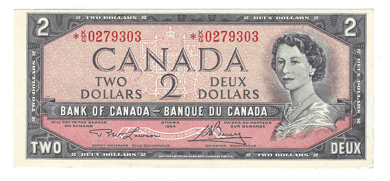 1954 Canada $2 Banknote Lawson-Bouey,Replacement *K/G, BC-38dA (AU)