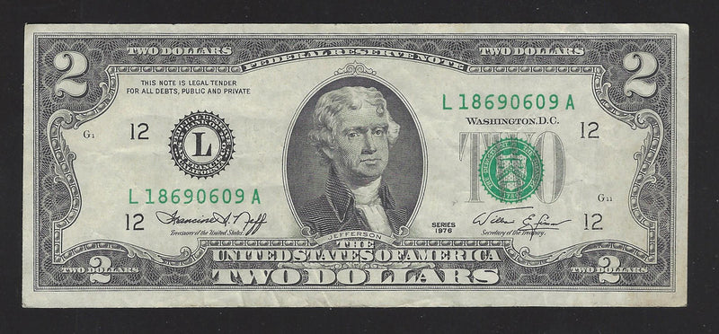 1976 USA $2 Two Dollar Bill Series (L) Green Seal Number L18690609A (Fine)