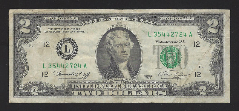 1976 USA $2 Two Dollar Bill Series (L) Green Seal Number L35442724A (Fine)