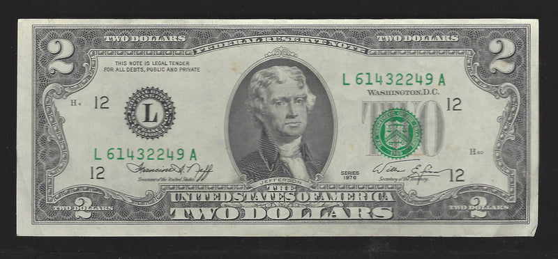 1976 USA $2 Two Dollar Bill Series (L) Green Seal Number   L61432249A (VF)