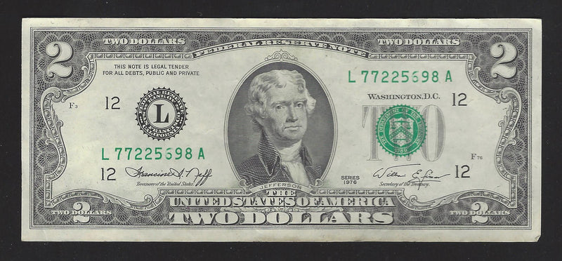 1976 USA $2 Two Dollar Bill Series (L) Green Seal Number   L77225698A (VF)