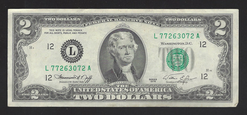 1976 USA $2 Two Dollar Bill Series (L) Green Seal Number L77263072A (VF-EF)