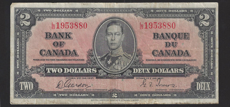 1937 $2 Bank of Canada Note Gordon-Towers Prefix L/B1953880 BC-22b (F)