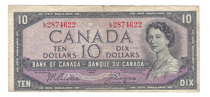 1954 Canada $10 Banknote Beattie-Coyne, L/D, BC-40a (F/VF)