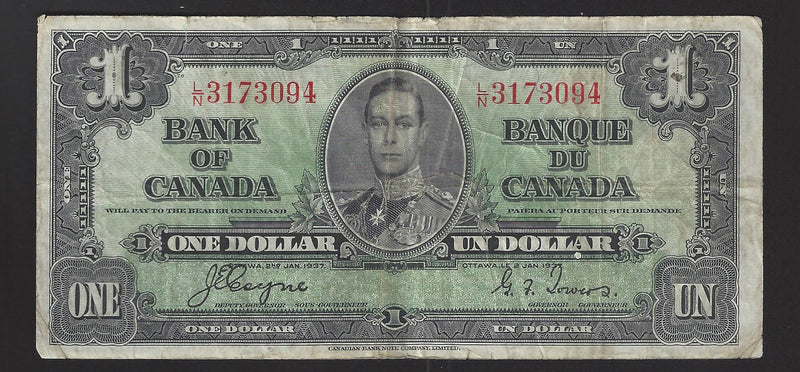 1937 $1 Bank of Canada Note Coyne -Towers Prefix L/N3173094 BC-21d (VG)