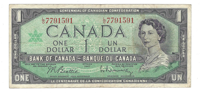 1967 Canada $1 Banknote Beattie-Rasminsky, L/O, BC-45b (VF)