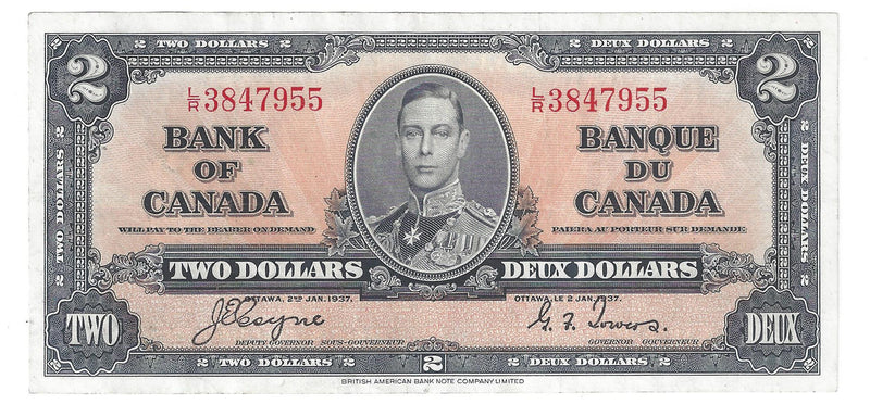 1937 Canada $2 Banknote Coyne-Towers,L/R, BC-22c (EF)