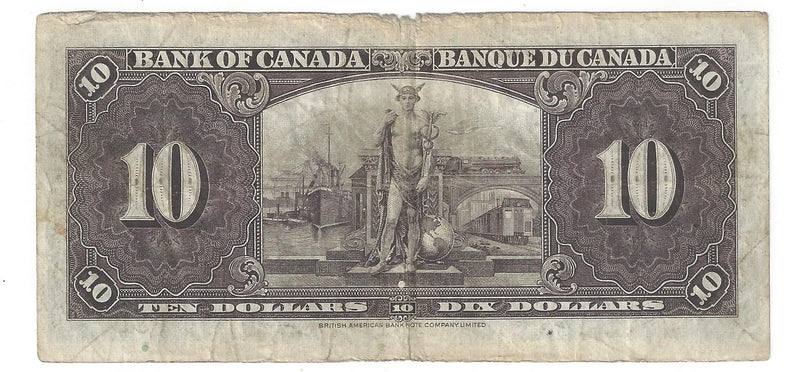 1937 $10 Bank of Canada Note Coyne-Towers, L/T, BC-24c (VG)