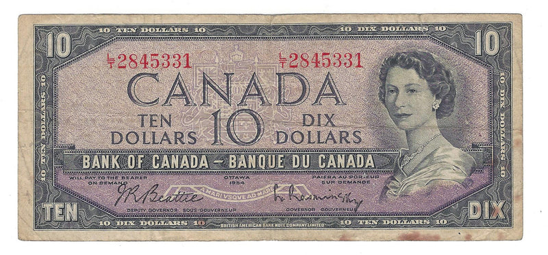 1954 Canada $10 Banknote Beattie-Rasminsky, L/T, BC-40b (Circ.)