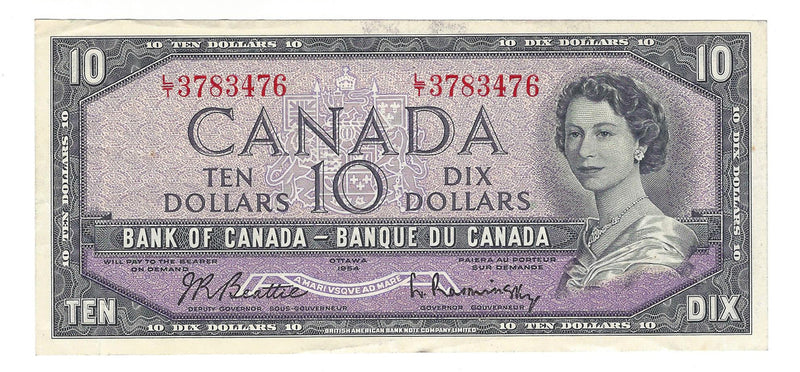 1954 Canada $10 Banknote Beattie-Rasminsky, L/T, BC-40b (EF)