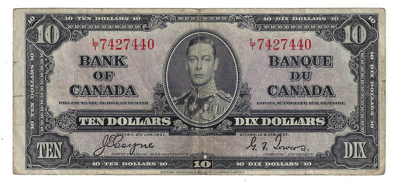 1937 Canada $10 Banknote Coyne-Towers, L/T, BC-24c (F/VF)