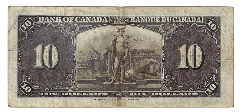 1937 Canada $10 Banknote Coyne-Towers, L/T, BC-24c (F/VF)
