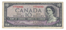 1954 Canada $10 Banknote Beattie-Rasminsky, L/T, BC-40b (Circ.)