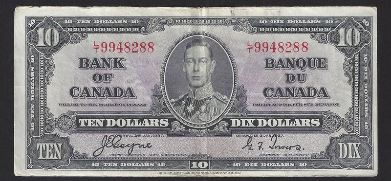 1937 $10 Bank of Canada Note Coyne-Towers Prefix L/T9948288 BC-24c (VF)
