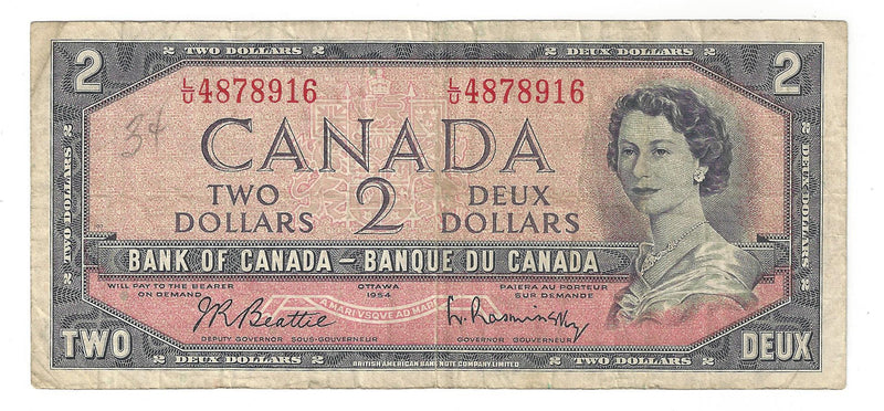 1954 Canada $2 Banknote Beattie-Rasminsky, L/U, BC-38b (Circ.)