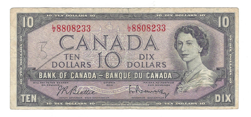 1954 Canada $10 Banknote Beattie-Rasminsky, L/V, BC-40b (Circ.)