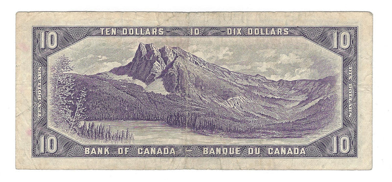 1954 Canada $10 Banknote Beattie-Rasminsky, L/V, BC-40b (Circ.)