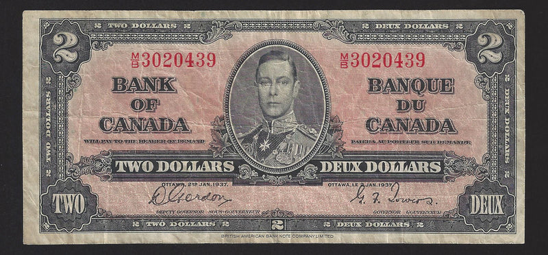 1937 $2 Bank of Canada Note Gordon-Towers Prefix M/B3020439 BC-22b (F)