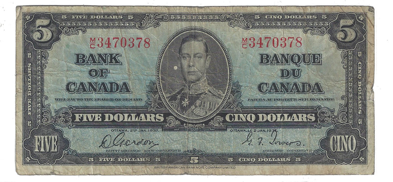 1937 Canada $5 Banknote Gordon-Towers, M/C, BC-23b (VG/F)