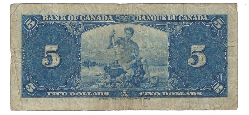 1937 Canada $5 Banknote Gordon-Towers, M/C, BC-23b (VG/F)