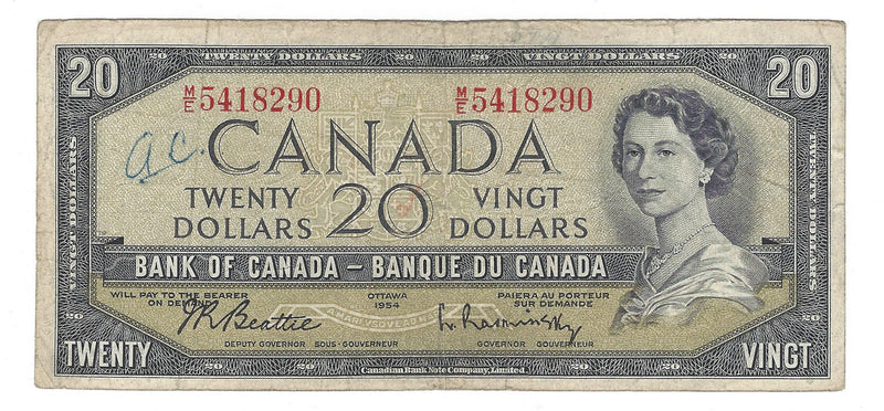 1954 Canada $20 Banknote Beattie-Rasminsky, M/E, BC-41b (F/VF)