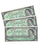 3 Sequential 1967 Canada $1 Banknote Beattie-Rasminsky,M/O, BC-45b (C/UNC)