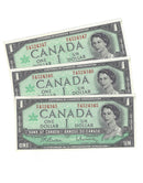 3 Sequential 1967 Canada $1 Banknote Beattie-Rasminsky,M/O, BC-45b (C/UNC)