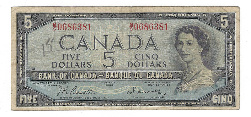 1954 Canada $5 Banknote Beattie-Rasminsky, M/S, BC-39b (VG/F)