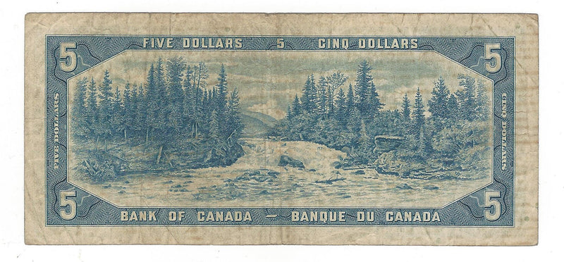 1954 Canada $5 Banknote Beattie-Rasminsky, M/S, BC-39b (VG/F)