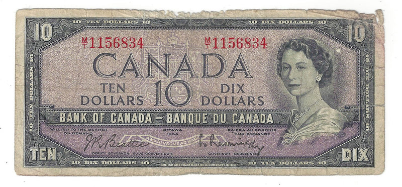 1954 Canada $10 Banknote Beattie-Rasminsky, M/T, BC-40b (Circ.)